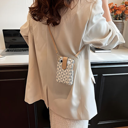 Compact Crossbody Phone Wallet for Women - Features an Adjustable Strap, Ideal for Outdoor Activities, with Various Credit Card Slots And a Zipper Closure. This Blue And Brown Geometric Patterned Mini Shoulder Bag Is Durable And Perfect for Daily Es