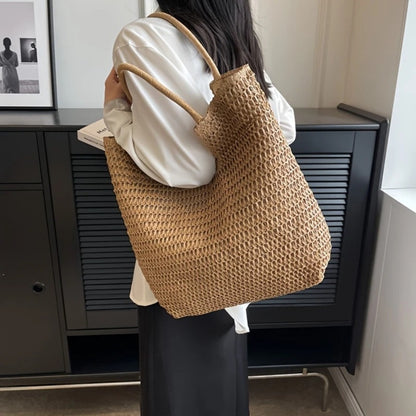 Ladies' Fashion Khaki Straw Tote BagLarge Capacity, Casual Woven Shoulder Handbag with Zipper Closure. Festival-themed, suitable for beach, shopping, picnic a must-have beach bag.
