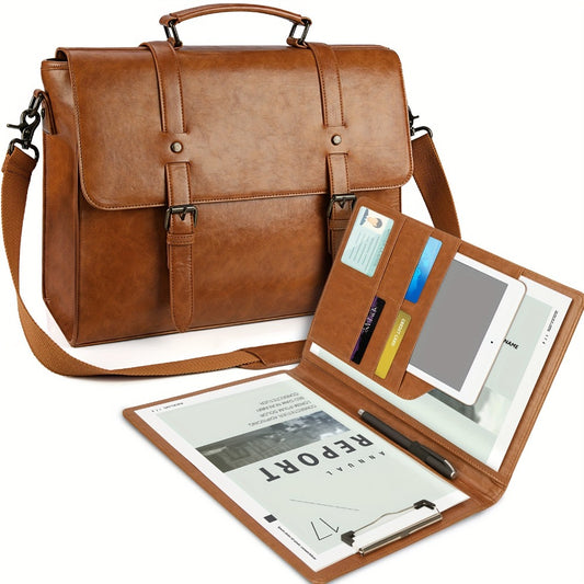 RAINSMORE Men'S Vintage Crossbody Bag for 15.6 Inch Laptops, Spacious Shoulder Bag for Office And College, Briefcase with Folder, Brown