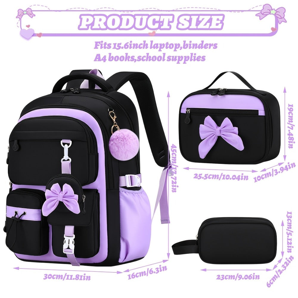 Set of 3 Bow Bags - Spacious School Backpack with Tablet Pocket, Lightweight Teen Laptop Bag Ideal for Travel, Gifts for Birthdays/Christmas, Back-To-School And Everyday Use, for Teens, for Teenager, For Teenager