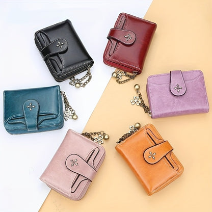 Women'S Compact Mini Wallet with Secure Hasp, Multiple Card Slots And Zipper Coin Pocket with Metal Chain And Detachable Card Holder