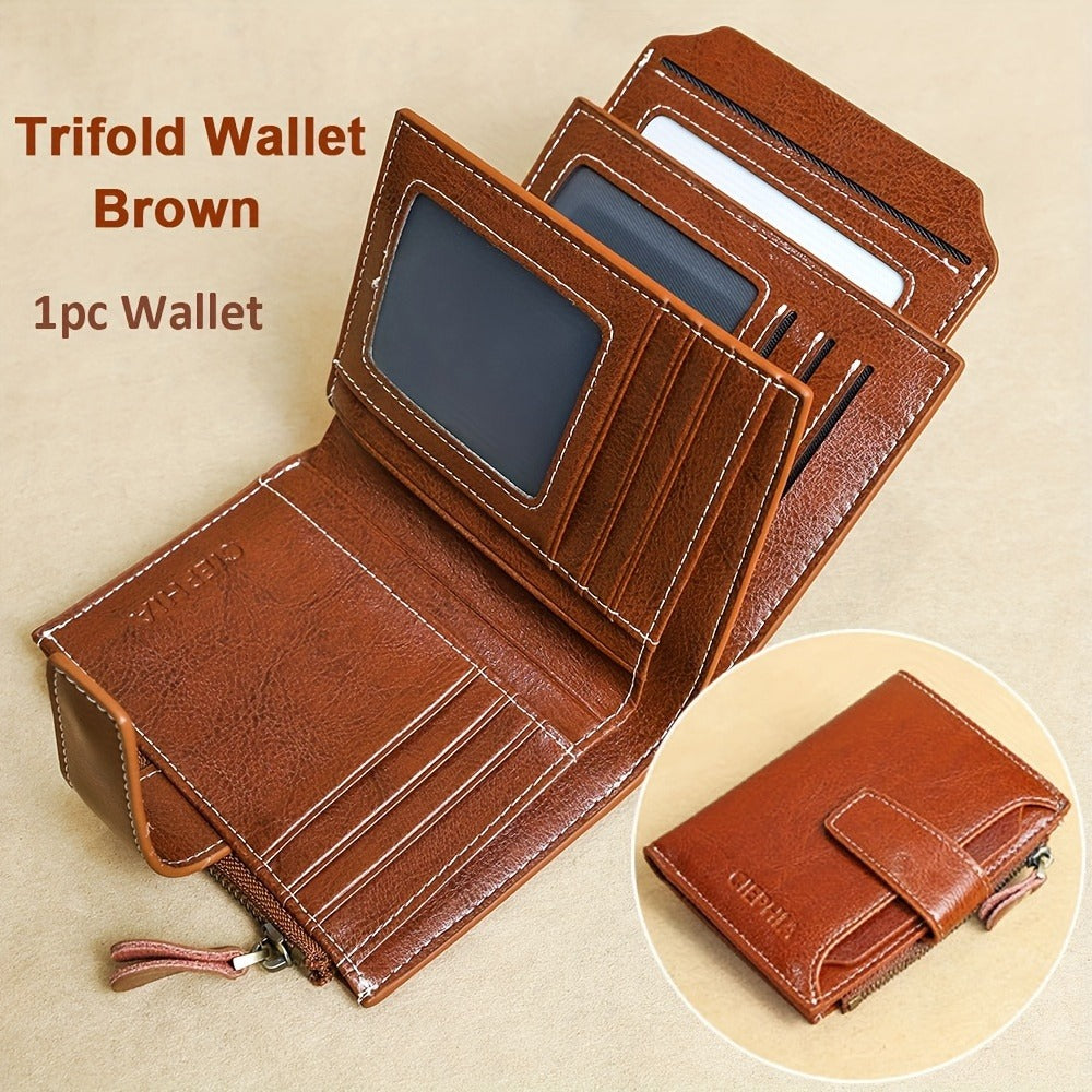Solid Color Genuine Leather Compact Trifold Wallet With Rfid Blocking, Detachable Id Window & Multi-Card Slots