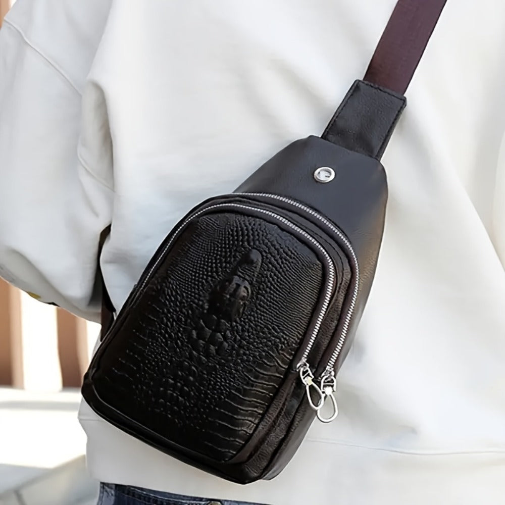 Big Promotions, Best Gift, Best New Year Gift, Holiday Gift Men's Crocodile Pattern Chest Bag with Earphone Hole Trendy Fashion Casual Small Shoulder Messenger Bag Outdoor Travel Chest Bag