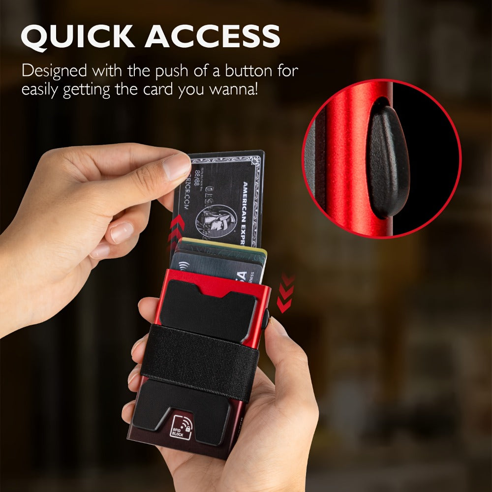 [RFID Blocking Wallet] Men's Ultra-Thin Card Holder Wallet, Durable Expandable Backplate, RFID Blocking Minimalist Pop Up Wallet Holds 12 Plus Cards And Cash, Black Red Gradient