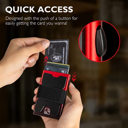 [RFID Blocking Wallet] Men's Ultra-Thin Card Holder Wallet, Durable Expandable Backplate, RFID Blocking Minimalist Pop Up Wallet Holds 12 Plus Cards And Cash, Black Red Gradient
