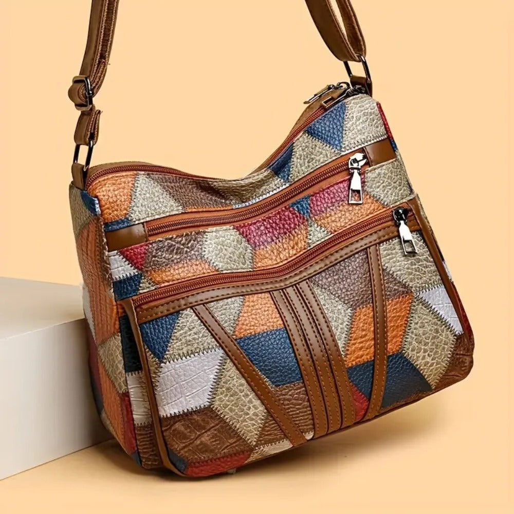2pcs Set: Geometric Splicing Bag+premium Keychain, Women's Crossbody Bag, Large Capacity Imitation, Ethnic Style Shoulder Strap Embellishment, Daily Travel Handbag, Retro Style Shoulder Bag, Occasion Theme, Multifunctional Car Keychain