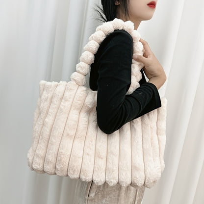 [Large Capacity Tote] Korean Fashion Large Capacity Tote Bag, Versatile Plush Shoulder Bag, New Fashion Solid Color Handbag