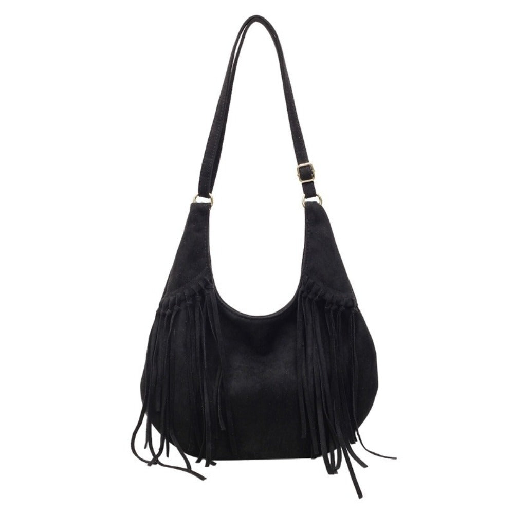 Women's Vintage Large Capacity Dumpling Bag - / Crossbody Purse with Tassel Fringe, Detachable Strap & Button Closure, Underarm Handbag for Fall/Winter (///) - Casual & Dressy Outfits