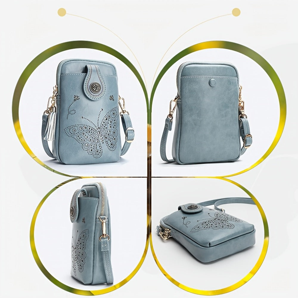 1pc APHISON Elegant Butterfly Print Crossbody Bag For Women, Lightweight Faux Leather Mini Cell Phone Purse With Adjustable Strap And Tassel Detail, Animal Theme, Zip Closure, Anti-Fade, Faux Leather Lining PU Shoulder Tote Bag Gift For Mom Zipper