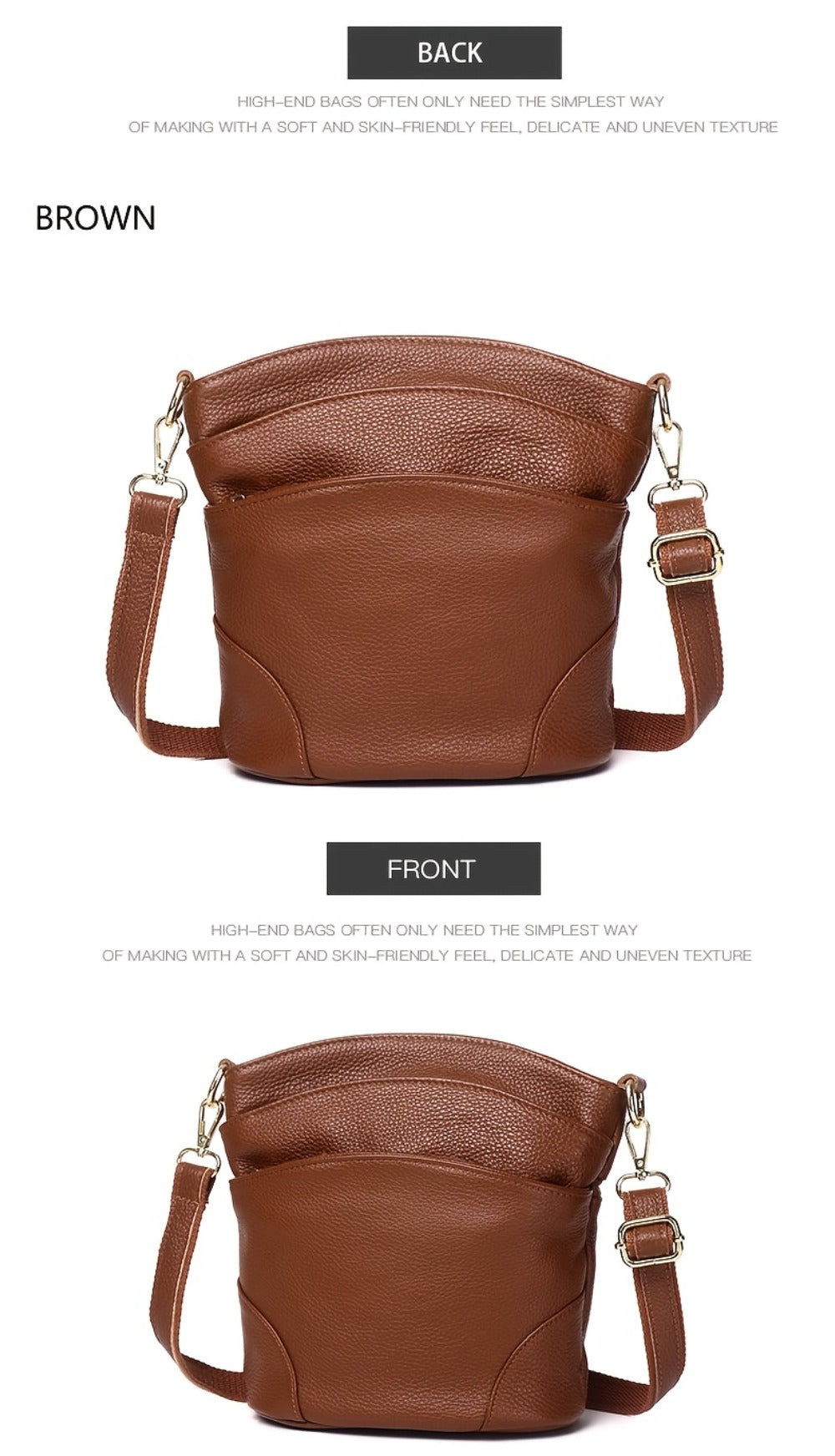[Elegant Style] Genuine Leather Women'S Crossbody Bag, Double Pockets, Detachable Shoulder Strap, Zipper Closure, Multi-Functional Shoulder Bag, Satchel Bag