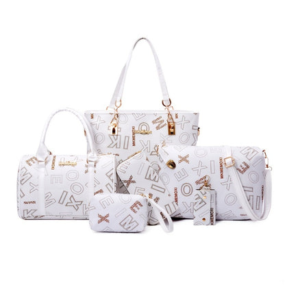 6pcs/Set Women'S Fashion Retro Letter Print Shoulder Bag, Handbag, Wallet, Key Bag, Six-Piece Set, Commuting, Casual, Shopping, Tote Bag, Women'S Bag Set