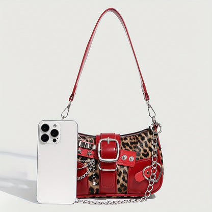 1pc Y2K-Inspired Red & Leopard Print Shoulder Bag with Chain Strap, Magnetic Closure, and Star Accents - Trendy Single-Strap Crossbody Bag for Women, Trendy Accessory | Playful Accessory | Durable Zippers, Shoulder Bag
