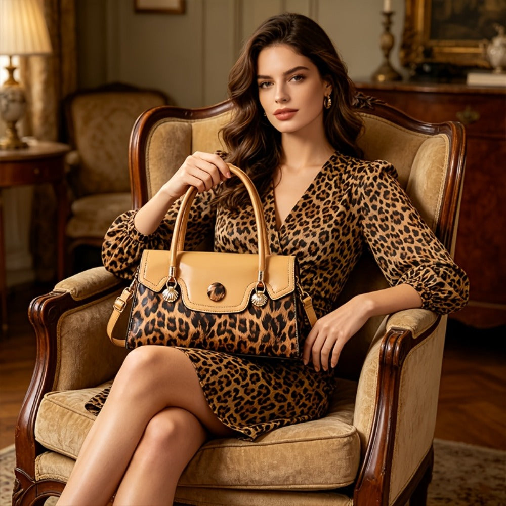 [Leopard Print Handbag] Fashionable New Women's Handheld Bag: Leopard Print Handbag With Magnetic Snap Closure, Metal Hardware Accents, Adjustable Shoulder Strap And Zip Closure