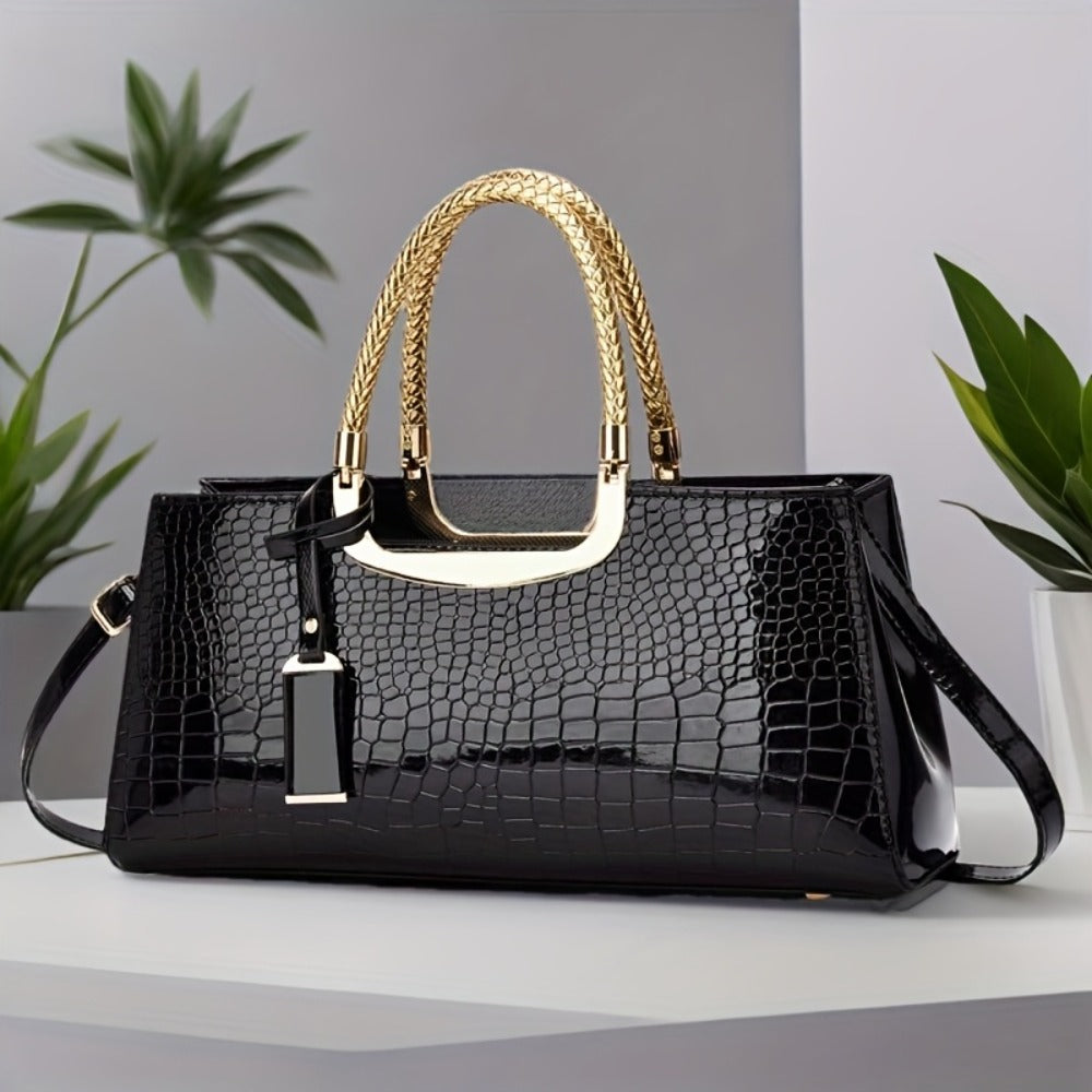 [Parties, Weddings, Formal] Elegant Black Dinner Handbag in Alligator with Golden Hardware And Removable Strap - Fashion Ladies Shoulder Crossbody Bag for Parties, Weddings And Formal Events, Wedding Clutches | Luxury Women's Bags | Glossy