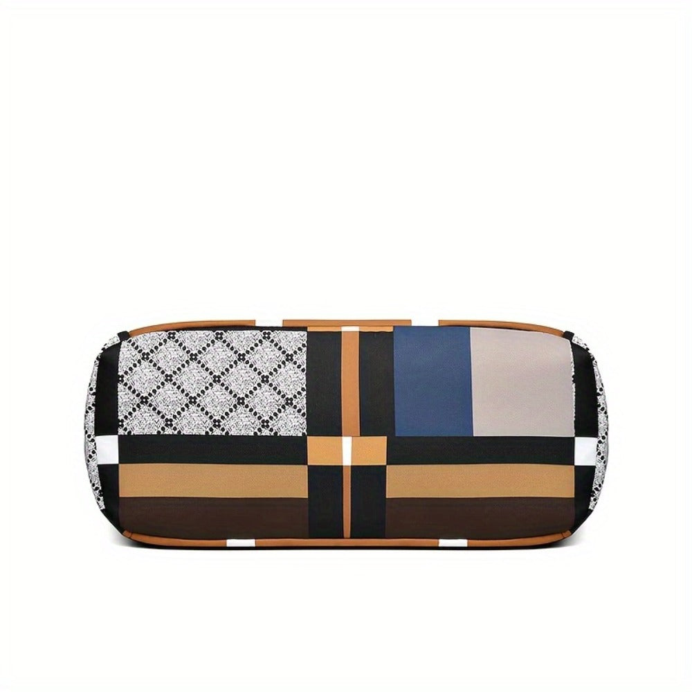 A Geometric Design Tote Bag Made of Lightweight Nylon with a Zipper, It Is Foldable And Versatile, Offering Ample Space for School, Work, Or Travel