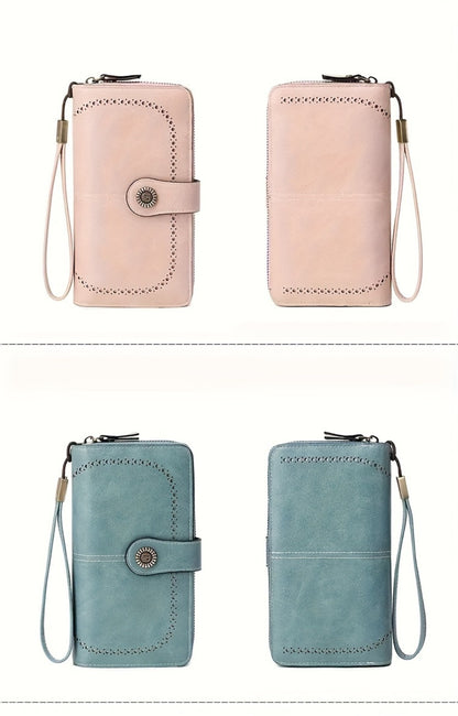 1 Pc RFID Blocking Retro Large Capacity Long Wallet PU Solid Color Women's Purse Multi-Functional Zipper Wallet with Wrist Strap Passport Ticket Credit Card Holder Can Accommodate Large Screen Phone
