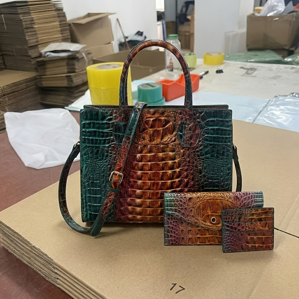 3pcs Colorful Crocodile Pattern Bag Set, Gradient Color Handbag, Women Tote Bag with Clutch Wallet And Credit Card Holder Coin Purse