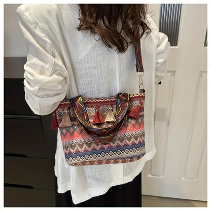 Bohemian Fringe Handbag for Women, 2025 New Style Versatile Shoulder Bag, Trendy Tote Bag, Large Capacity Crossbody Bag, Unique Design Woven Tote, Leisure BeachBag, Perfect for Everyday Outings, Shopping, And Travel.The Perfect Christmas Gift