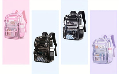 Women's PVC Transparent School Backpack with Large Capacity Multi-Pocket Bookbag, Adjustable Shoulder Straps & Transparent Panels Suitable for School, College, Office, Computer Bag, Laptop Carrier, Zipper Closure