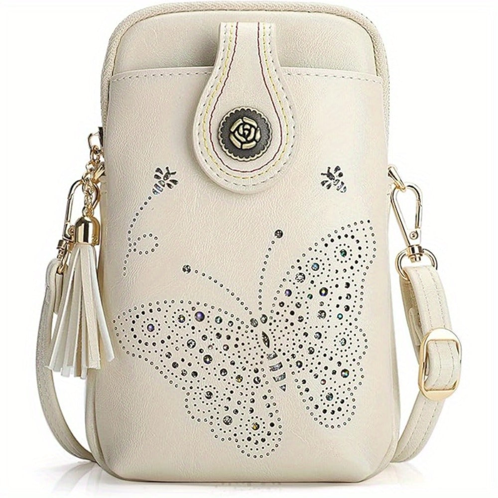 Small Crossbody Bags For Women | Lightweight Mini Cute Cell Phone Purse With Tassel Shining Butterfly, Zipper Closure, Lining, Animal Print For Mom Gift Essential