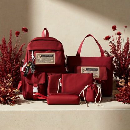 5pcs Solid Color Backpack Set, Large Capacity Double-ShoulderBag, Simple Tote, Pencil Bag, Casual Crossbody, Lightweight Student Shoulder Bag.