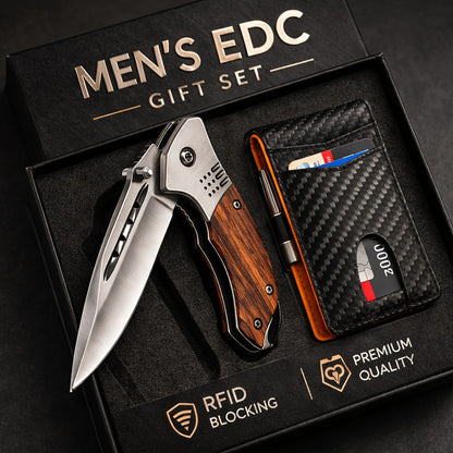 Gift Set for Men Slim Wallet And Portable Folding Tool RFID Blocking Minimalist Wallet Everyday Carry Set Ultra Slim Card Holder Gift for Him