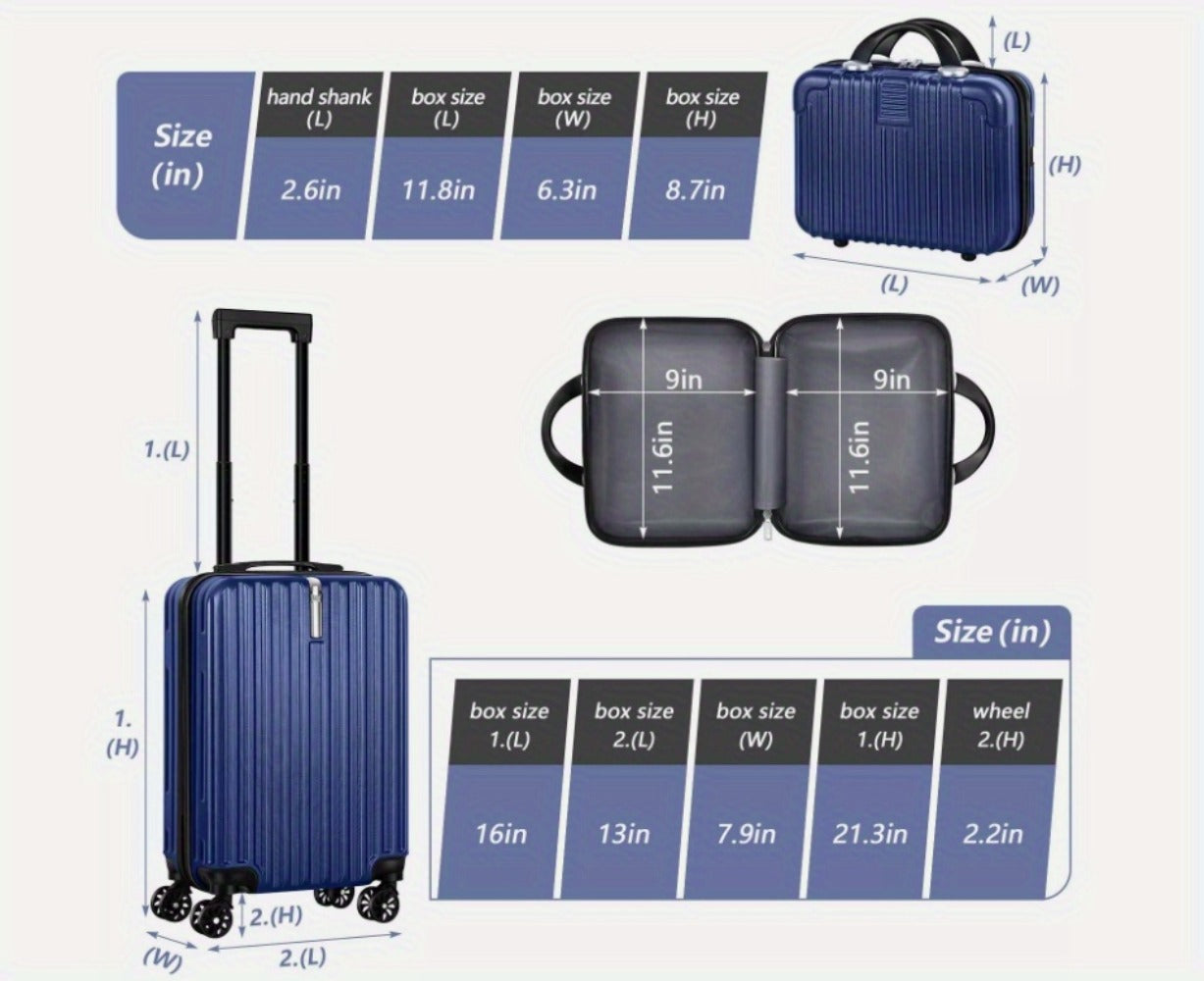 2pcs Airline Approved Carry-On Luggage Set Suitable for -20"+14" Hard Shell ABS+PC Suitcase with TSA, Spinner Wheels & Hook Attachment - 20” & 14” Blue Airplane Travel Case (Airport Approved)