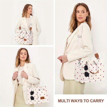 Chic Floral Canvas Tote Bag for Women, Versatile Shoulder & Crossbody Laptop Handbag, Sturdy Handle Construction, Multiple Pockets, Perfect for Work and Daily Commuting