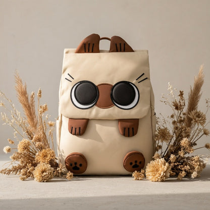 Adorable And Fun Spacious Cartoon Backpack - Made of Sturdy Nylon, Lined with, Features Zip Closure, Washable in Machine - Perfect for University Students, Siamese Cat Design with Brown Highlights
