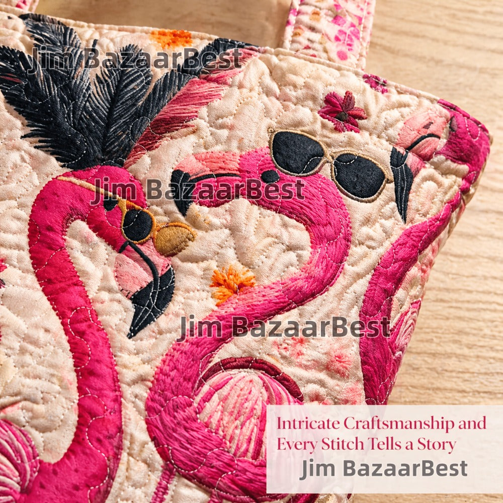 Flamingo with Sunglasses Quilted Applique Tote Bag, Tropical Summer Shoulder Purse for Women