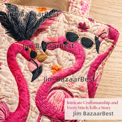 Flamingo with Sunglasses Quilted Applique Tote Bag, Tropical Summer Shoulder Purse for Women