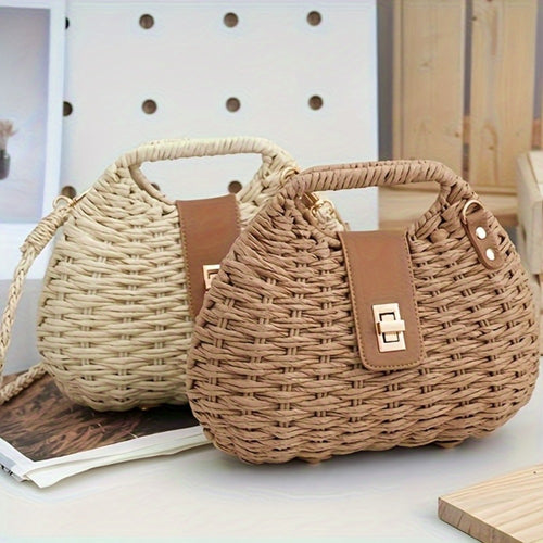 Beige Woven Straw Crossbody Bag with Lid Closure & Golden-Tone Hardware - Lightweight Elegant Design, Polyester Lining, Hand Wash/Dry Clean - Versatile for Daily Use & Travel, Secure Travel Purse, Durable Fabric Construction