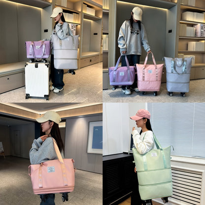 Expandable Rolling Duffle Bag with Detachable Wheels, Oxford Travel Tote, Multi-Functional Weekender Carry-On with Wet/Dry Compartment, Luggage Sleeve & Large Capacity for Women/Men