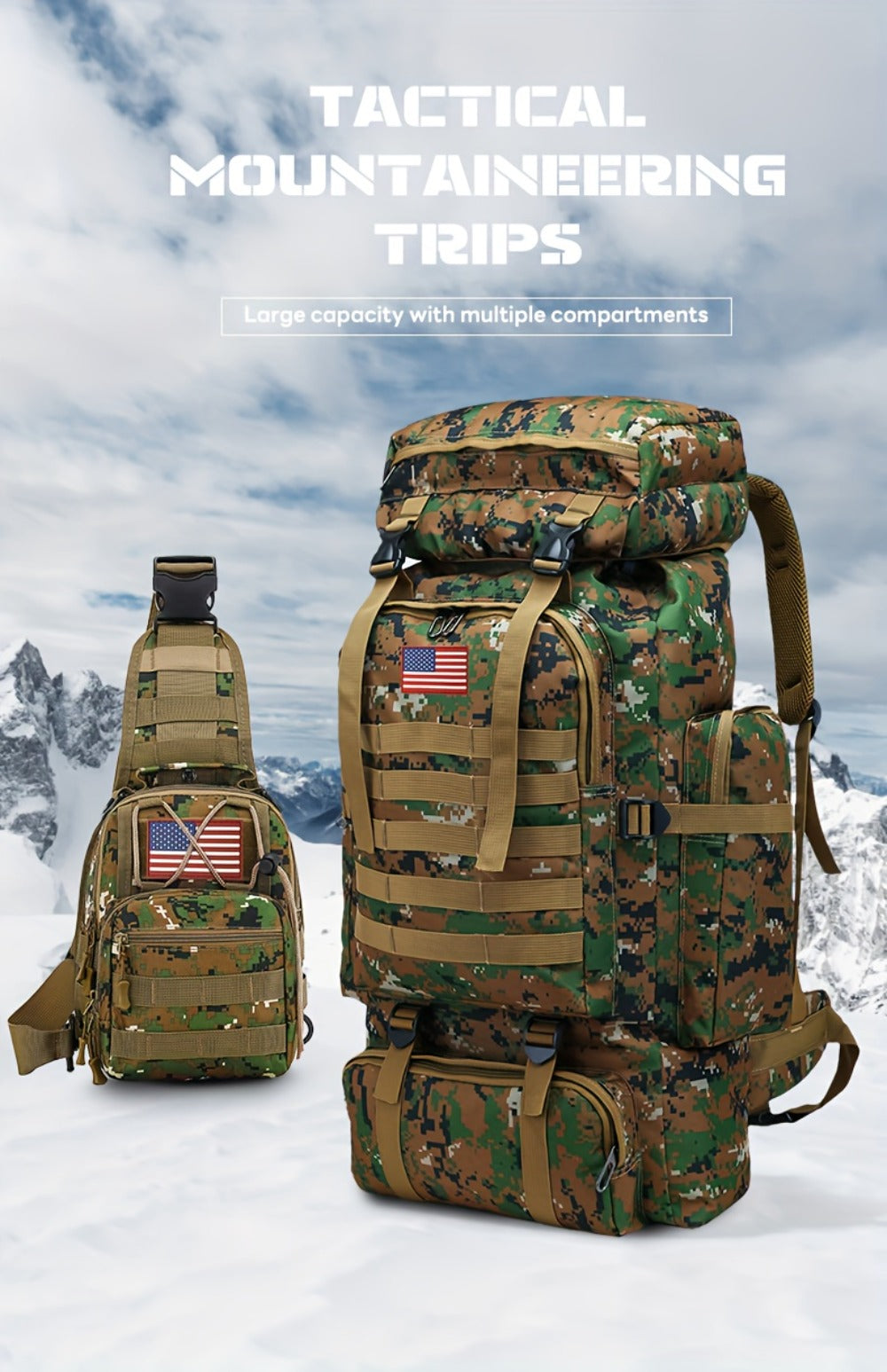 Set of 2pcs 21.13gal Spacious Multifunctional Camouflage Tactical Hiking Backpacks Featuring Various Compartments And a MOLLE System, Ideal for Outdoor Adventures, Camping, Trekking