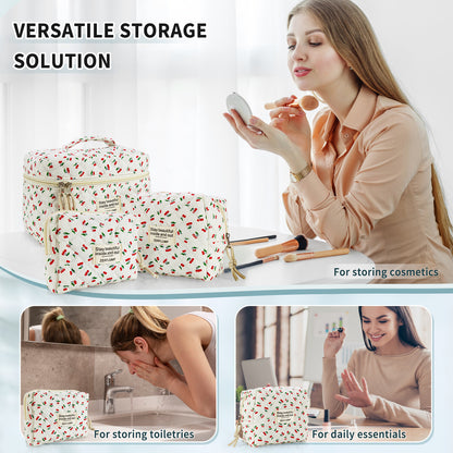 Cute Quilted Floral Makeup Bag (3Pcs)Coquette Aesthetic Cosmetic BagTravel Toiletry Bags Kawaii Aesthetic pouch for Women