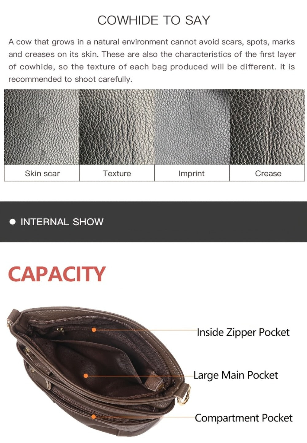 [Elegant Style] Genuine Leather Women'S Crossbody Bag, Double Pockets, Detachable Shoulder Strap, Zipper Closure, Multi-Functional Shoulder Bag, Satchel Bag