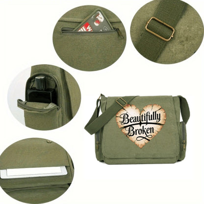 A Spacious Ladies' Shoulder Bag with a Flip-Top Design, Featuring a Vintage Style And a Heart-Shaped Crack Pattern Adorned with The Phrase 'Beautifully Broken'. It'S Perfect for Everyday Use And Travel