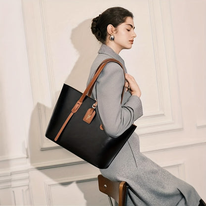 Women's Minimalist Large Capacity Tote Bag - Black with Brown Accents, Durable & Zipper Closure, Sturdy Fixed Shoulder Straps for Office, Commute, Work & Casual Use