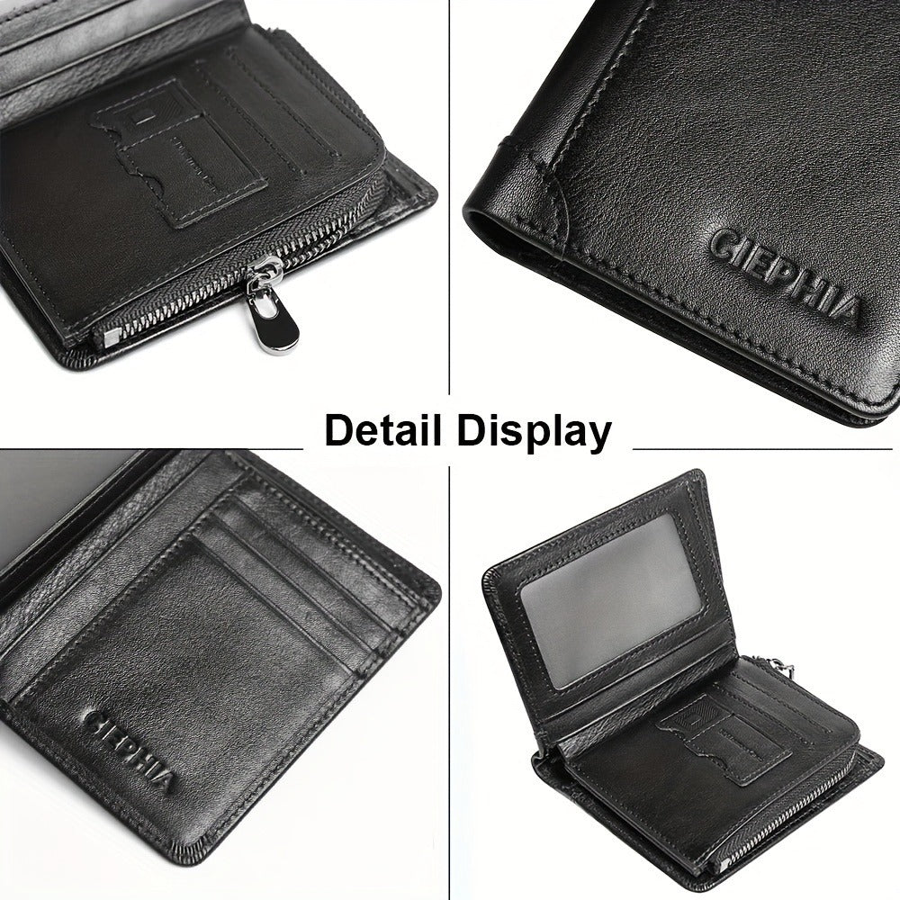 RFID Blocking Bifold Genuine Leather Wallets for Men with Zipper Coin Pouch, Top Layer Cowhide Vintage Multi Function Card Holder Wallet with 2 ID Windows