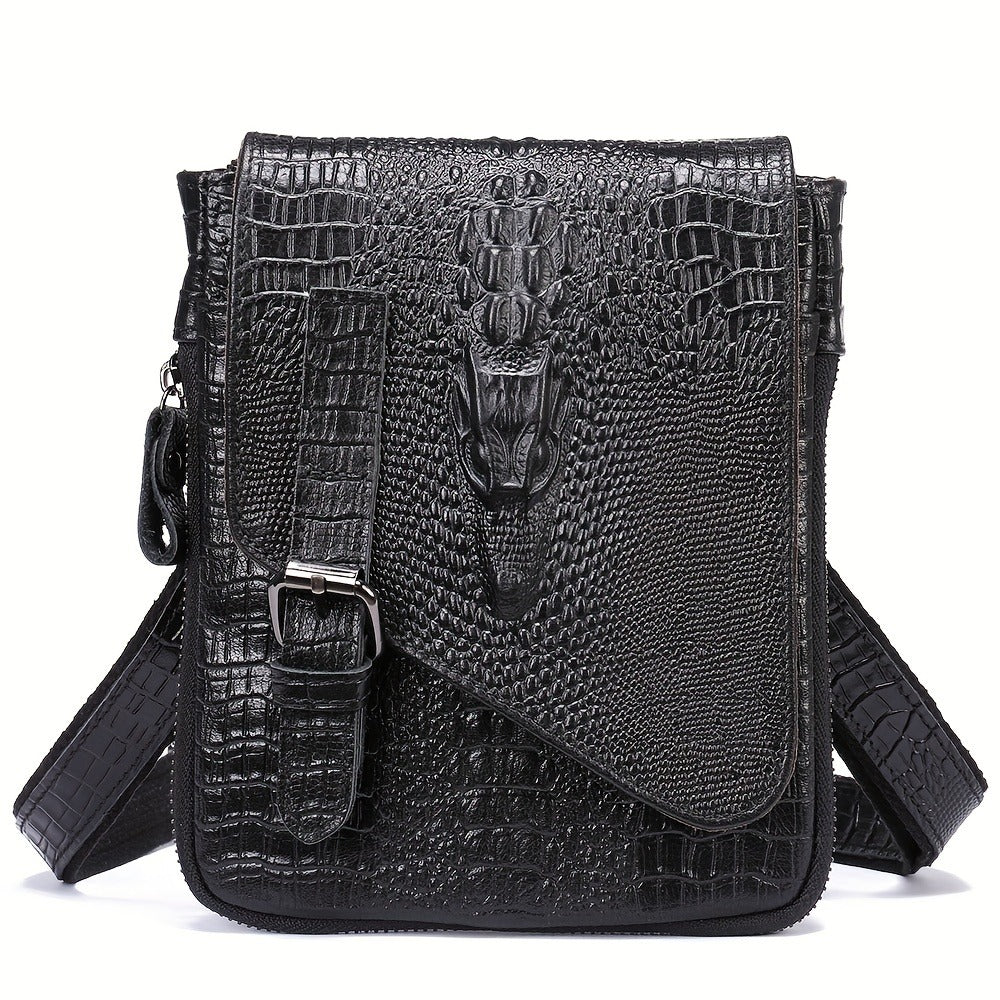 1pc Crocodile Pattern Men's Genuine Leather Messenger Bag Cow Genuine Leather Shoulder Bag Retro Multi-Functional Messenger Bag