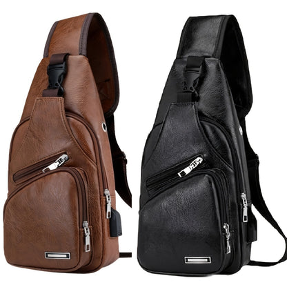Faux Leather Sling Chest Bag, Lightweight Crossbody Bags for Men Women, Mini Sash Bag with USB Charging Port, One Strap Backpack for Travel Outdoor Camping (Light Brown/Black)