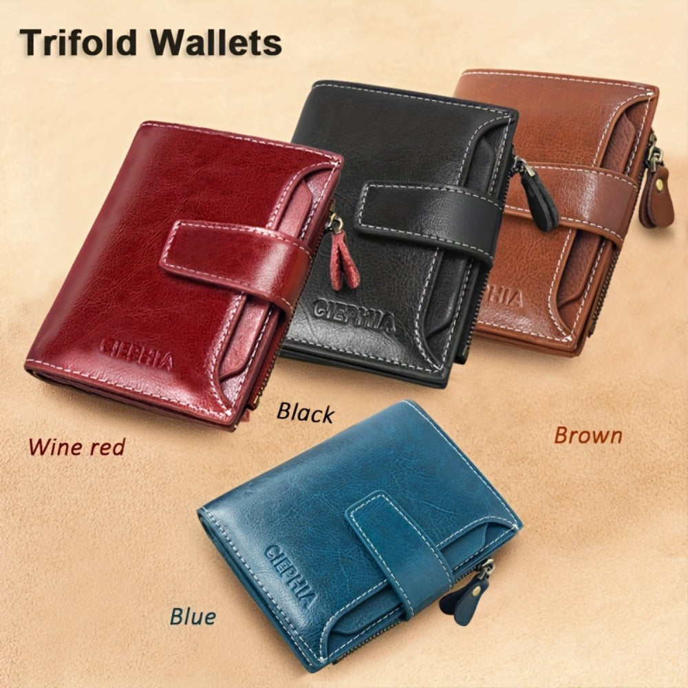 Fashion Genuine Leather Wallets for Women RFID Blocking Wallet Bifold Card Holder with ID Window Zipper Coin Pocket