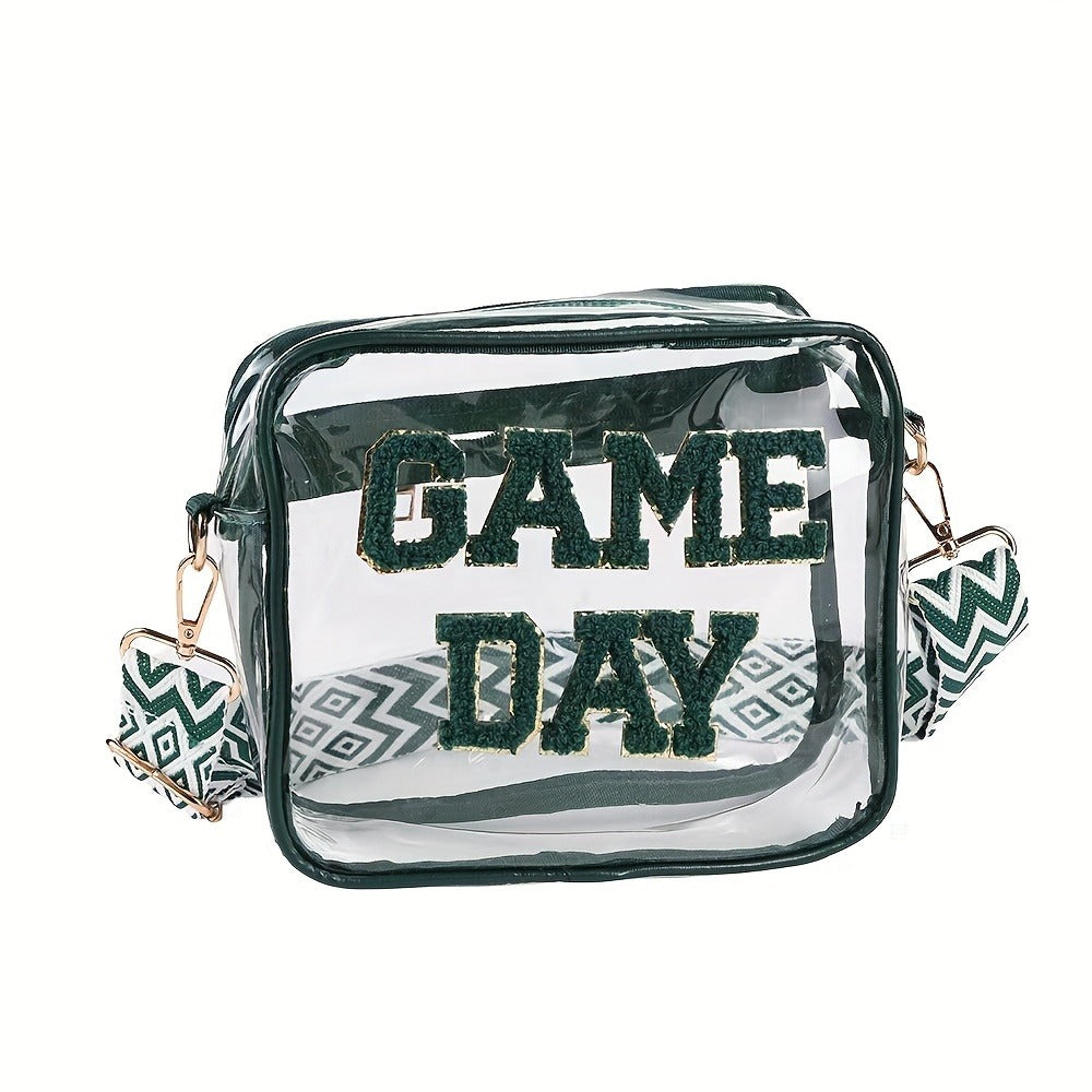 PVC Transparent Crossbody Bag with Embroidered Letter Design, Transparent Square Shoulder Bag with Zipper Closure And Painted Edges, Portable Travel Toiletry Organizer, Suitable for Sports, Travel, Beach, And Events