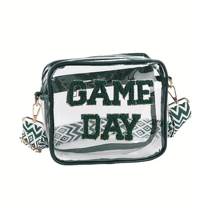 PVC Transparent Crossbody Bag with Embroidered Letter Design, Transparent Square Shoulder Bag with Zipper Closure And Painted Edges, Portable Travel Toiletry Organizer, Suitable for Sports, Travel, Beach, And Events