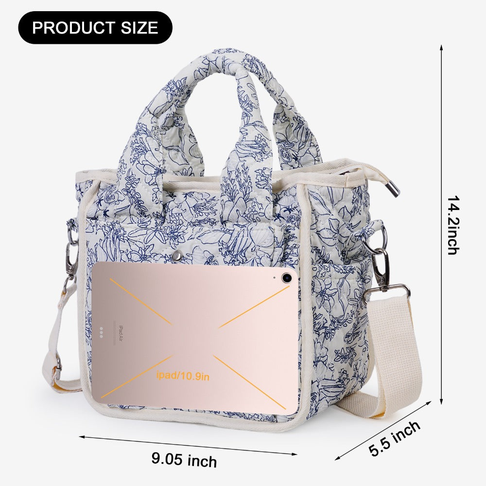 Floral Quilted Tote Bag for Women, Cute Crossbody Shoulder Purse with Pockets, Everyday Handbags