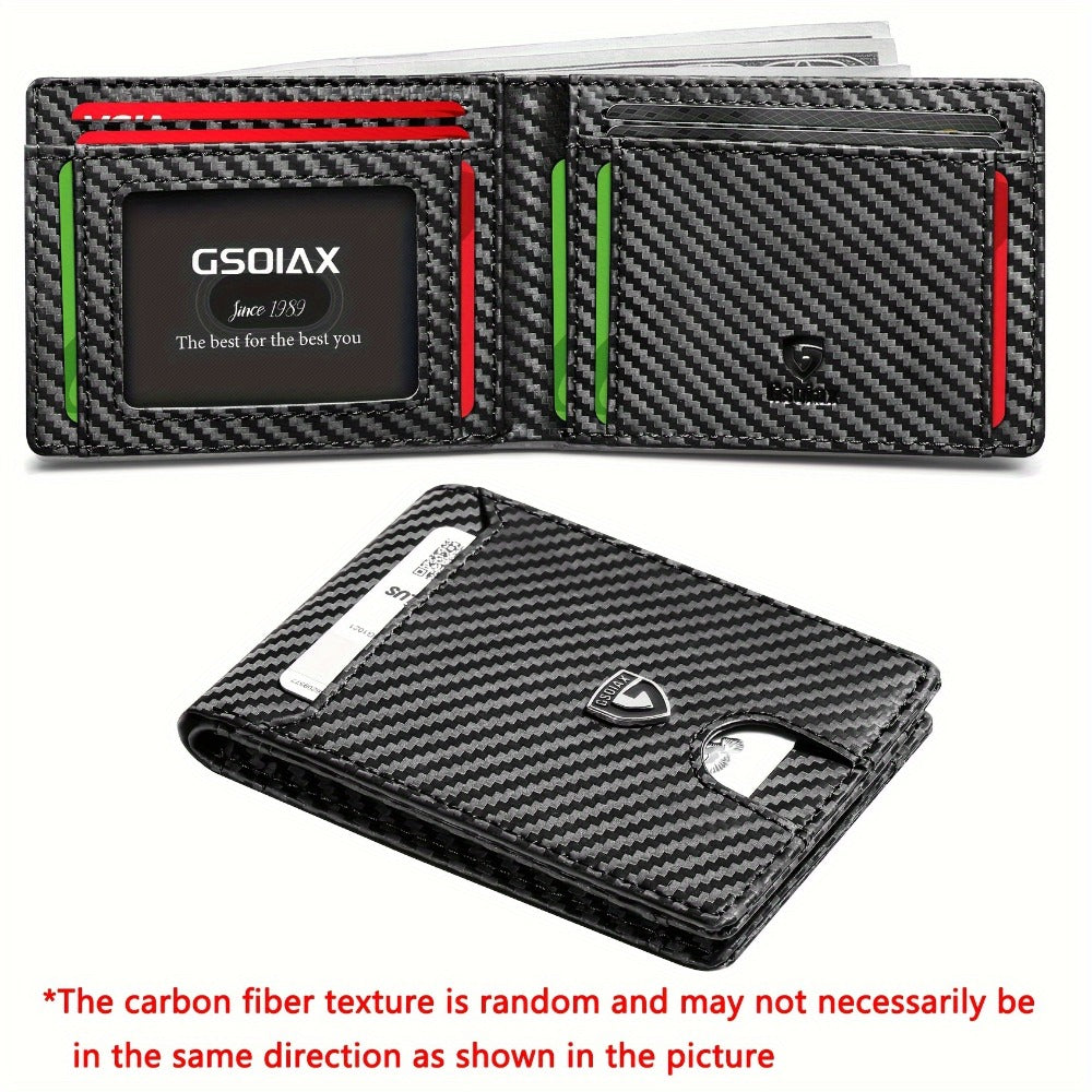 A Minimalist Ultra-thin Leather Wallet For Men With RFID Blocking, Double Folding Credit Card Holder With A Carbon Fiber Appearance, Comes With A Gift Box.