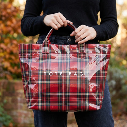 PVC Plaid Tote Bag Christmas Letter Print Tote Bag for Women Fashion Handbag for Shopping Christmas Market
