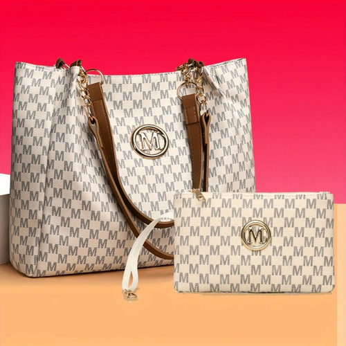 Two-Piece Set Large Capacity Shoulder Bag, Suitable for Elegant Urban Women, Lotus Pattern M Print, Fashionable M-Shaped Hardware Buckle Design, Lightweight Fixed Shoulder Strap, Suitable for Multiple Occasions - Perfect Gift