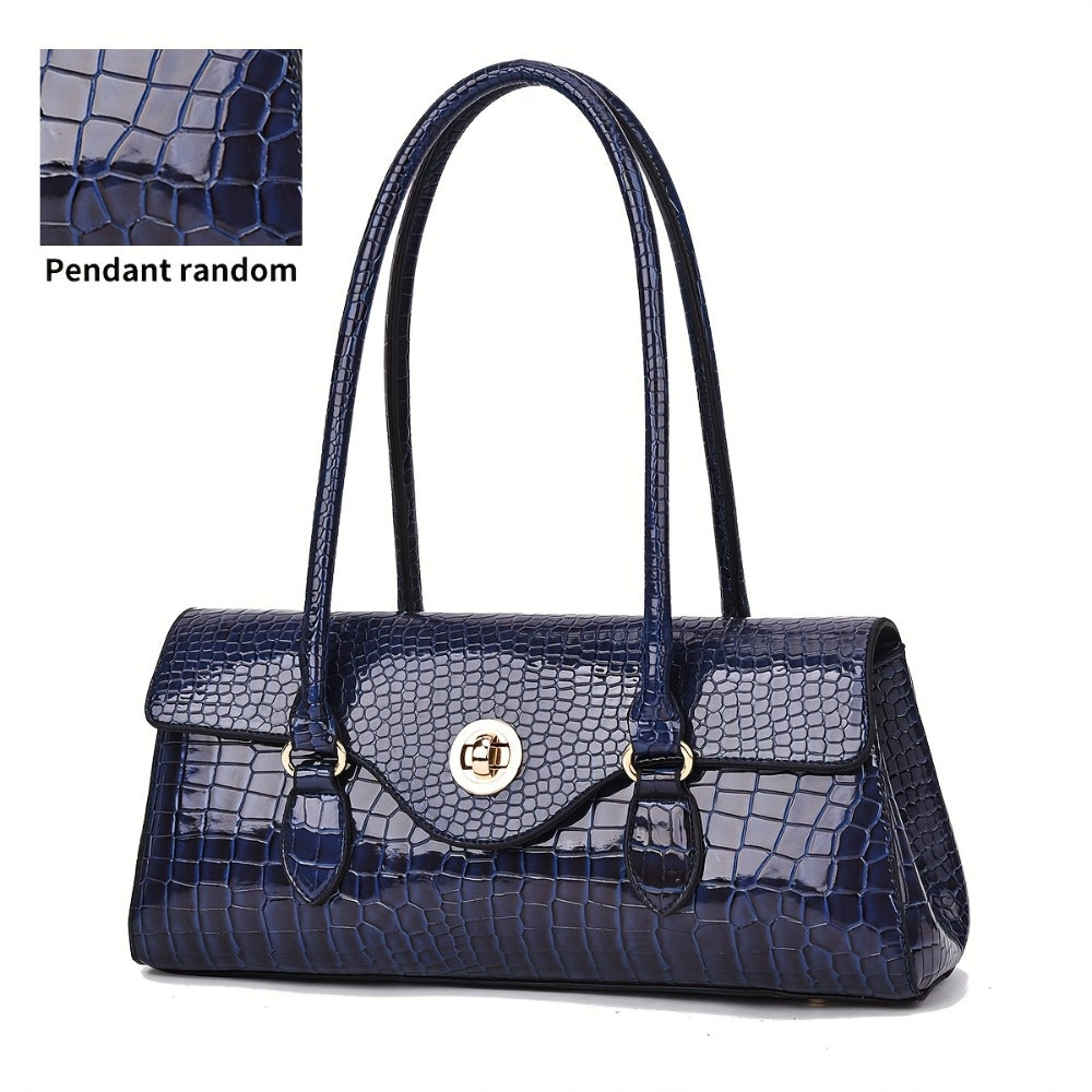 Women's Handbag, Shoulder Bag, and Tote Bag with High-Gloss Crocodile-Embossed Textured Pattern, Randomly Cut, Shoulder Bag, Crossbody Bag, Tote Bag with Metal Round Lock Clasp
