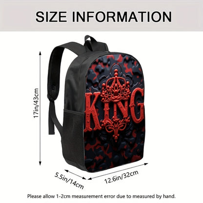 1 Summer Printed Men's Backpack - "KING" Design, Bright Red and Black Blocks, Cool and Practical, Suitable for Students and Young Professionals, Casual Day Backpack | Backpack, Valentine's Day Gift